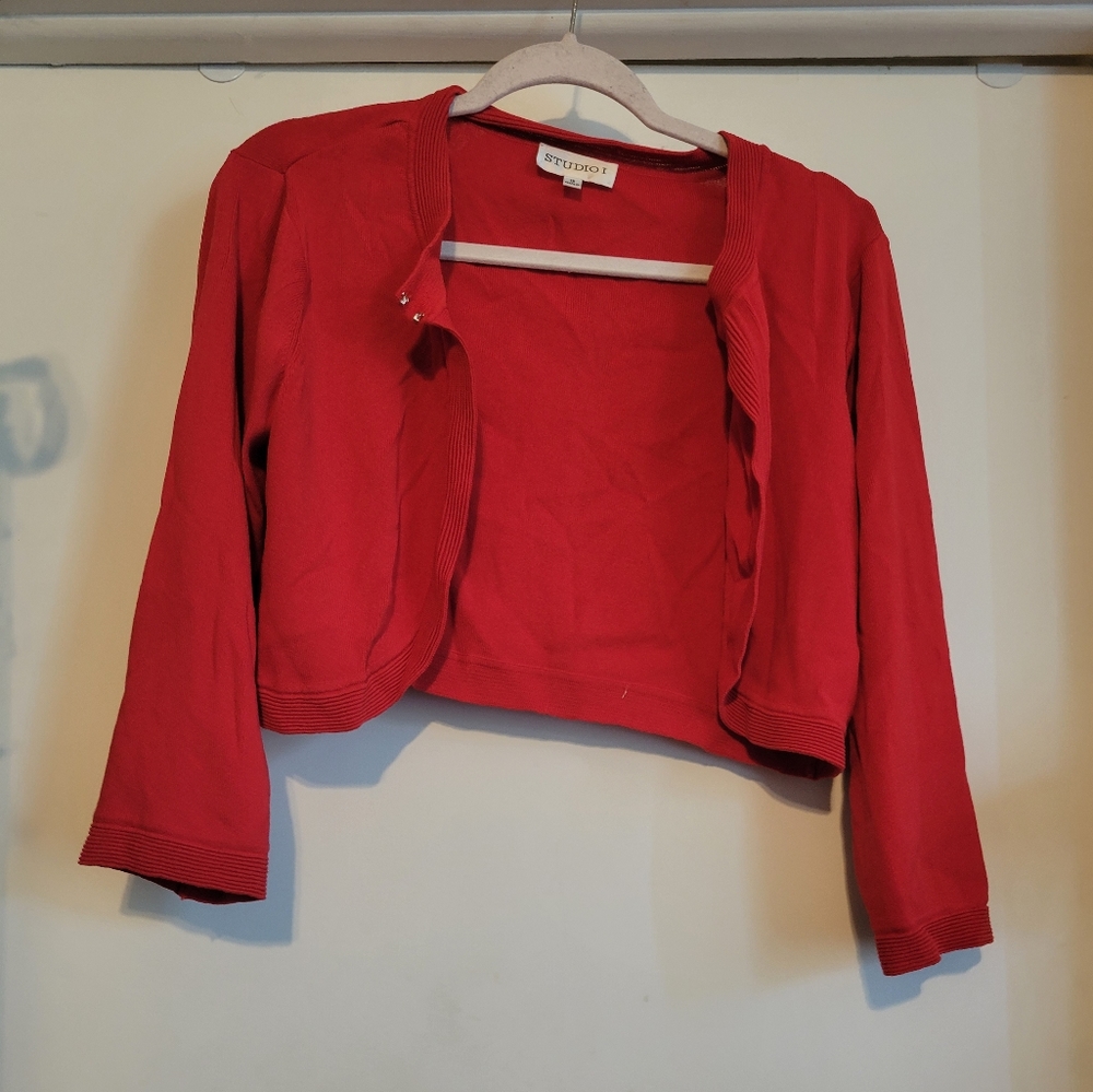 Red 3/4 sleeve slip-on sweater.